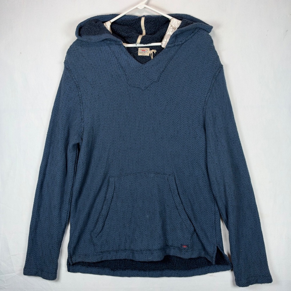 Faherty Brand Mens Large Whitewater Beach Terry Hoodie Blue Herringbone Knit